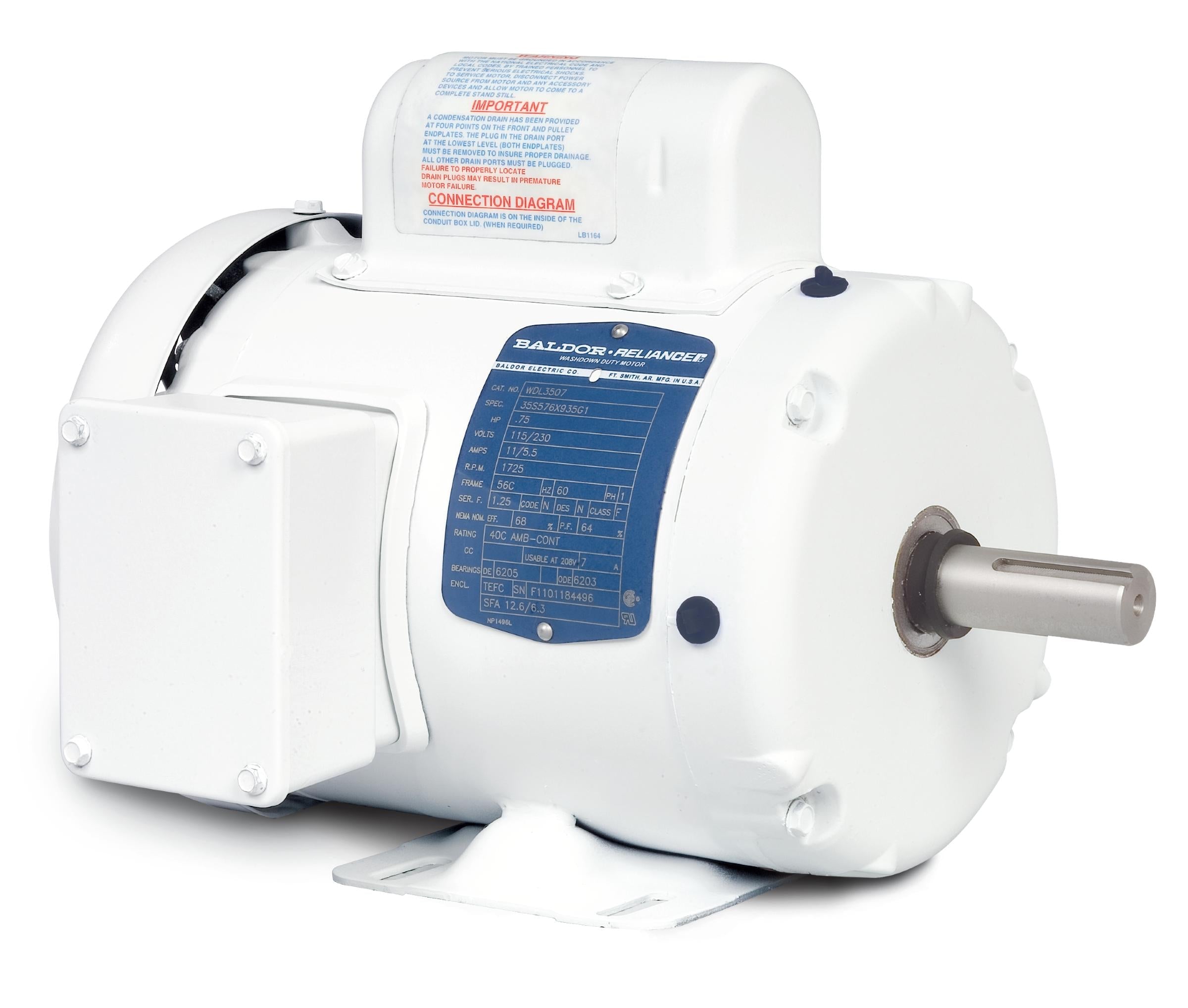 Baldor WDL3504 - .5HP, 1740RPM, 1PH, 60HZ, 56, 3520L, TEFC, F1, N - White Washdown Motors