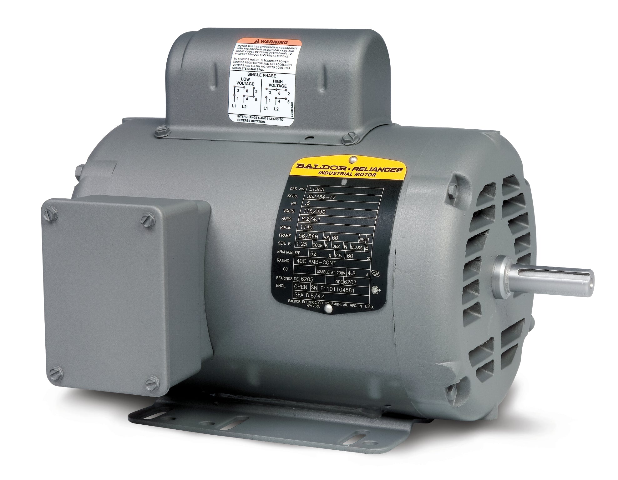 Baldor L1405T - 2HP, 1725RPM, 1PH, 60HZ, 182T, 3628L, OPEN, F1 - Single Phase Open