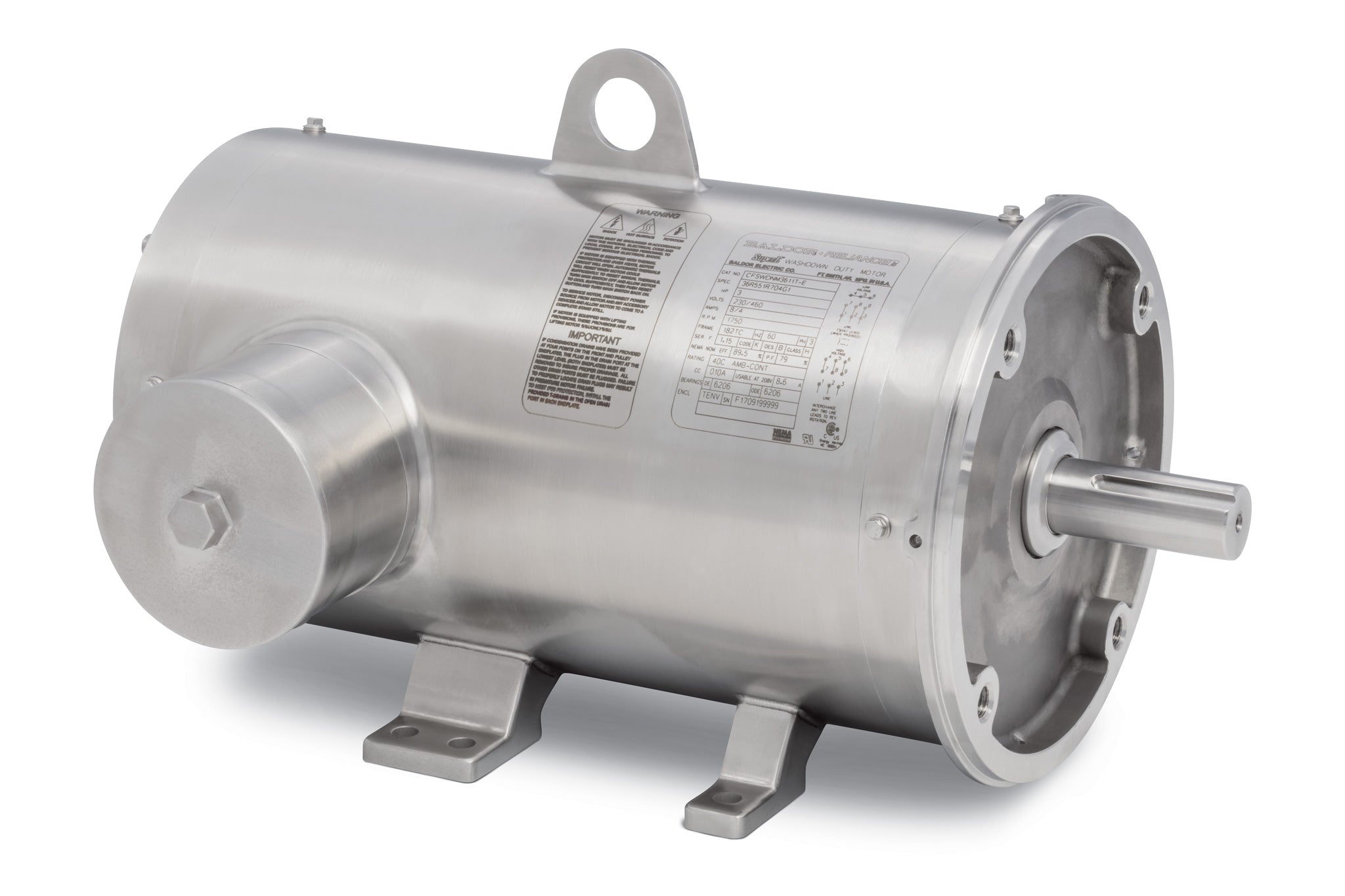 Baldor CFSWDNM3611T-E - 3HP, 1750RPM, 3PH, 60HZ, 182TC, 3646M, TENV, F1 - Food Safe Stainless Steel Motors