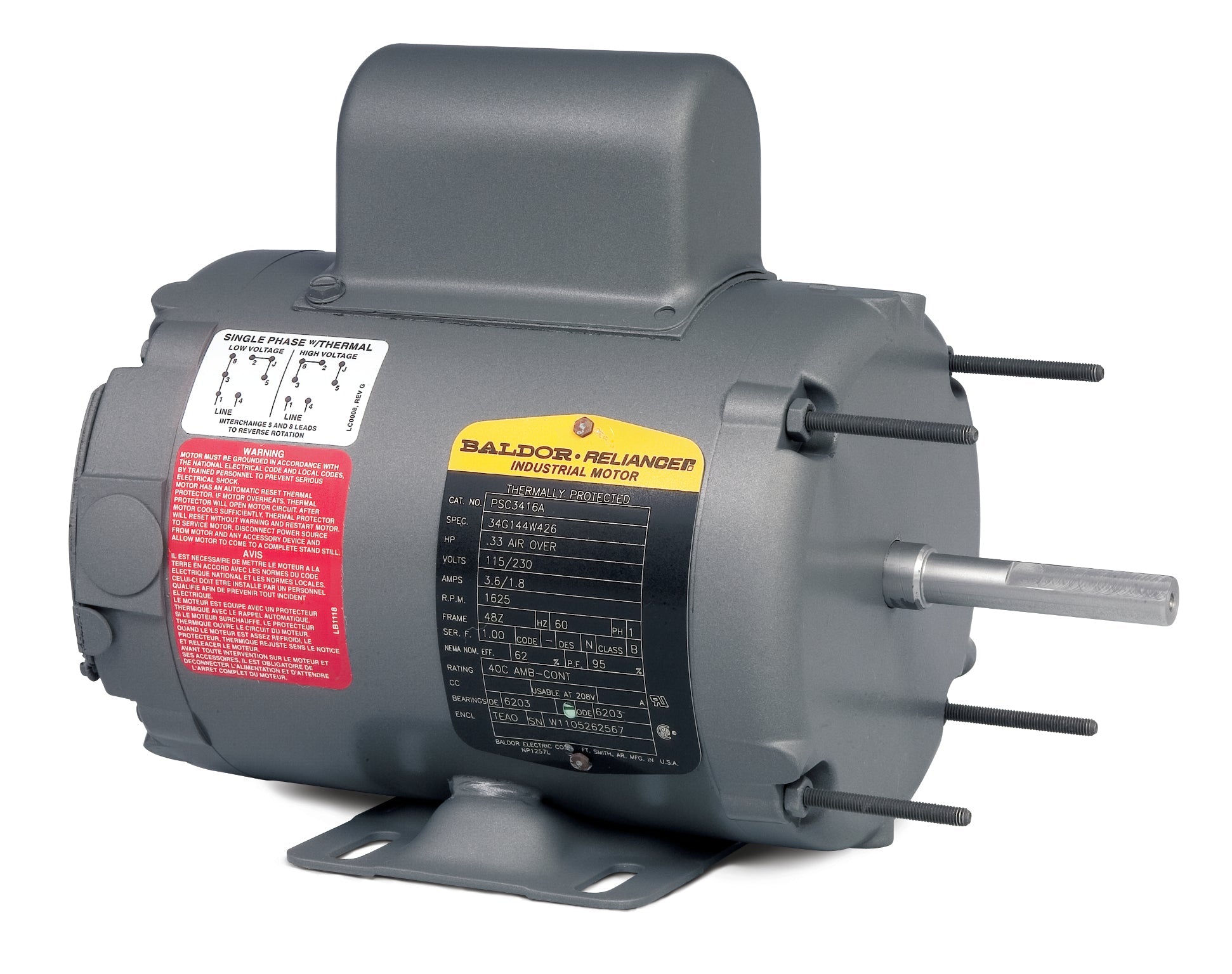 Baldor PSC3413A - .25HP, 1625RPM, 1PH, 60HZ, 48Z, 3411C, TEAO, F1 - Direct Drive Fan Motors