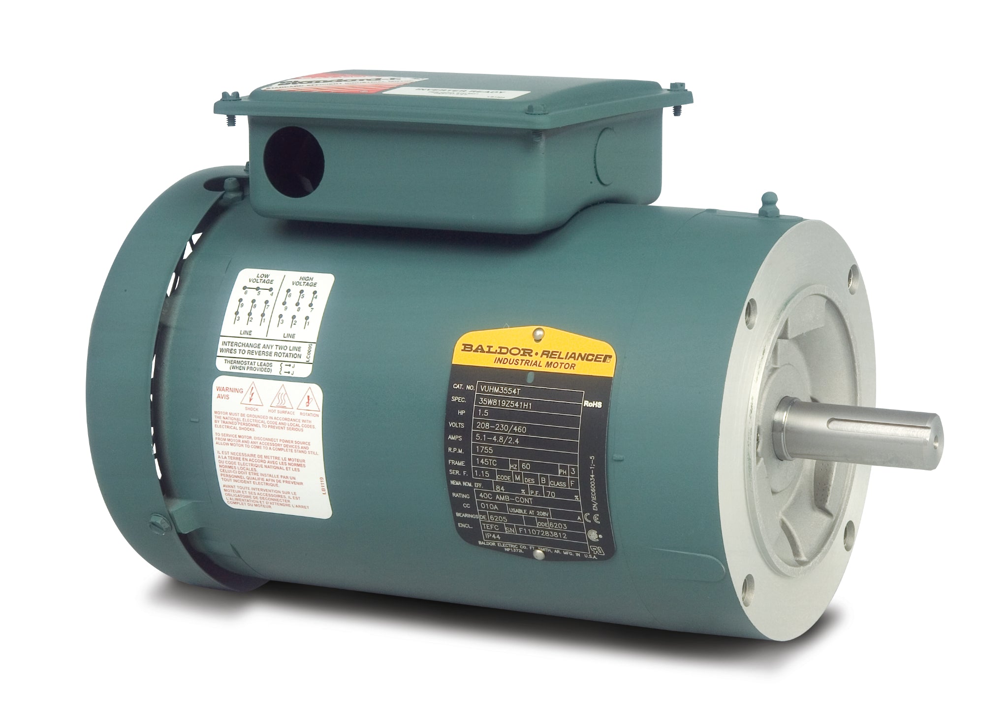 Baldor VUHM3542-5 - .75HP, 1765RPM, 3PH, 60HZ, 56C, 3514M, TEFC, F3 - General Unit Handling Motors