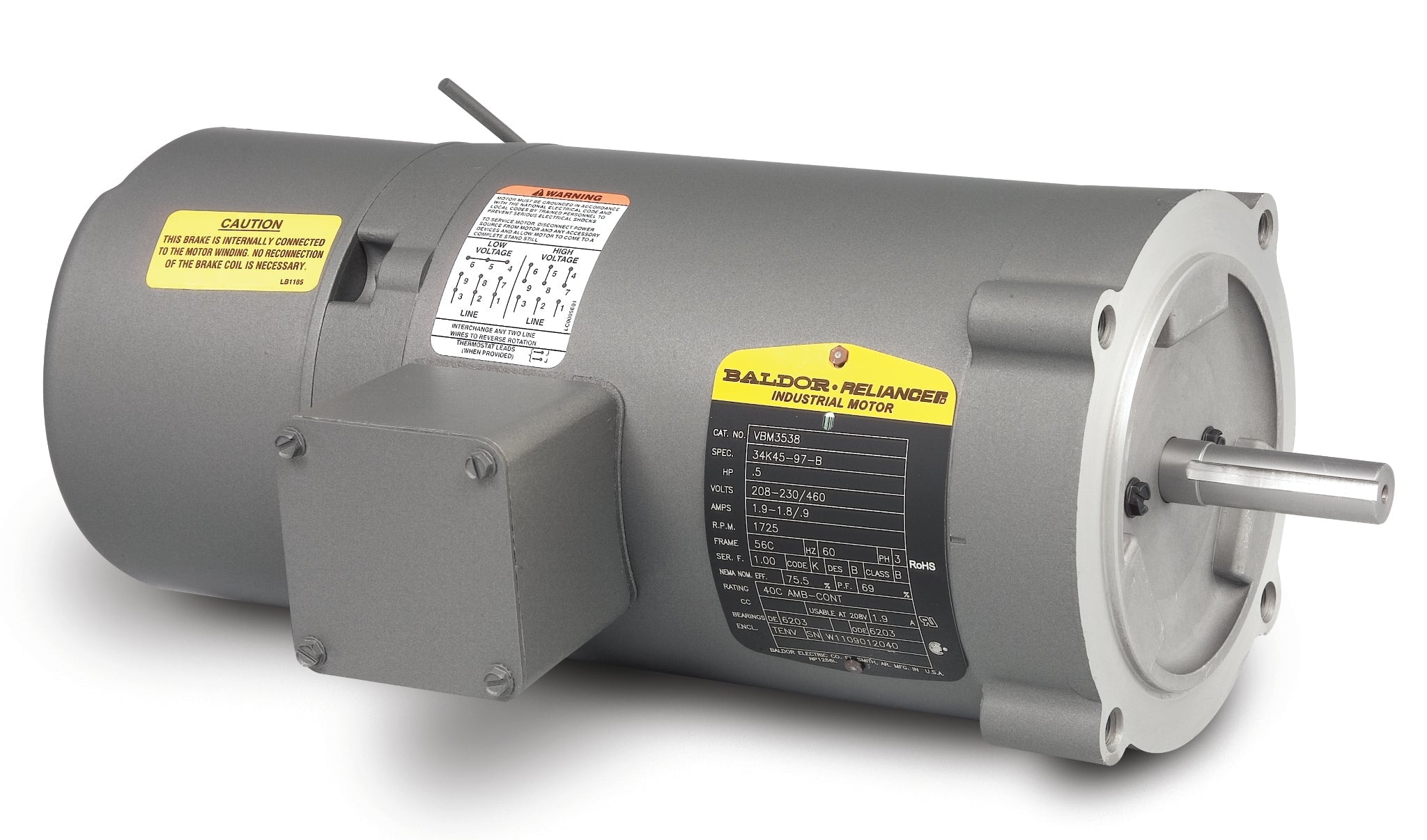 Baldor VBM3542-5 - 0.75HP, 1765RPM, 3PH, 60HZ, 56C, 3514M, TENV, F - Short-Series Brake Motors