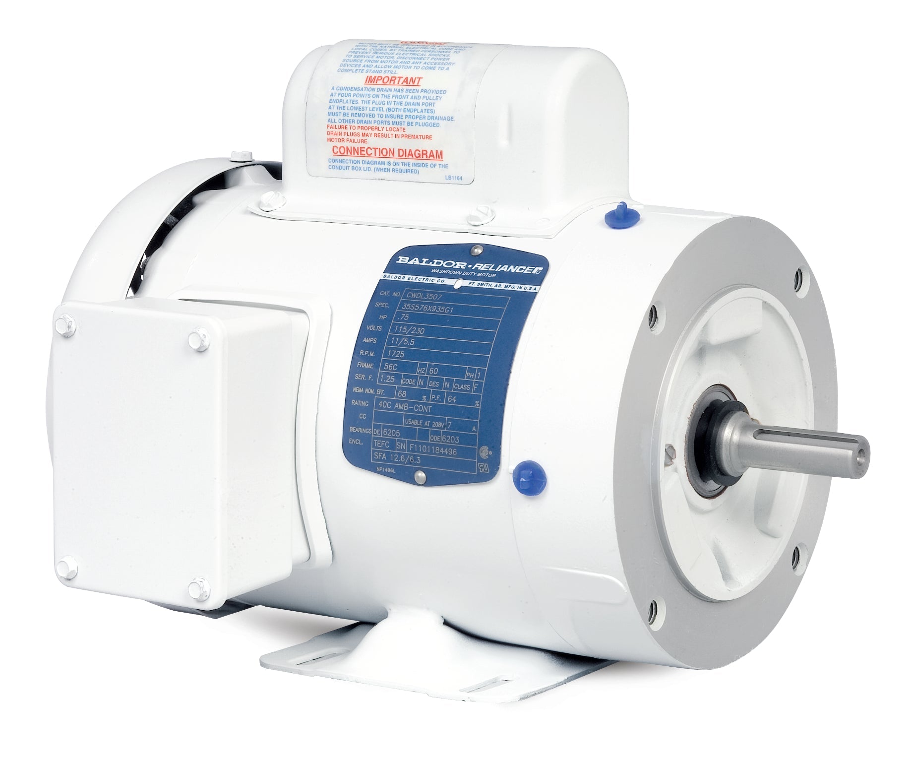 Baldor CWDL3514 - 1.5HP, 1725RPM, 1PH, 60HZ, 56C, 3532LC, TEFC, F - White Washdown Motors