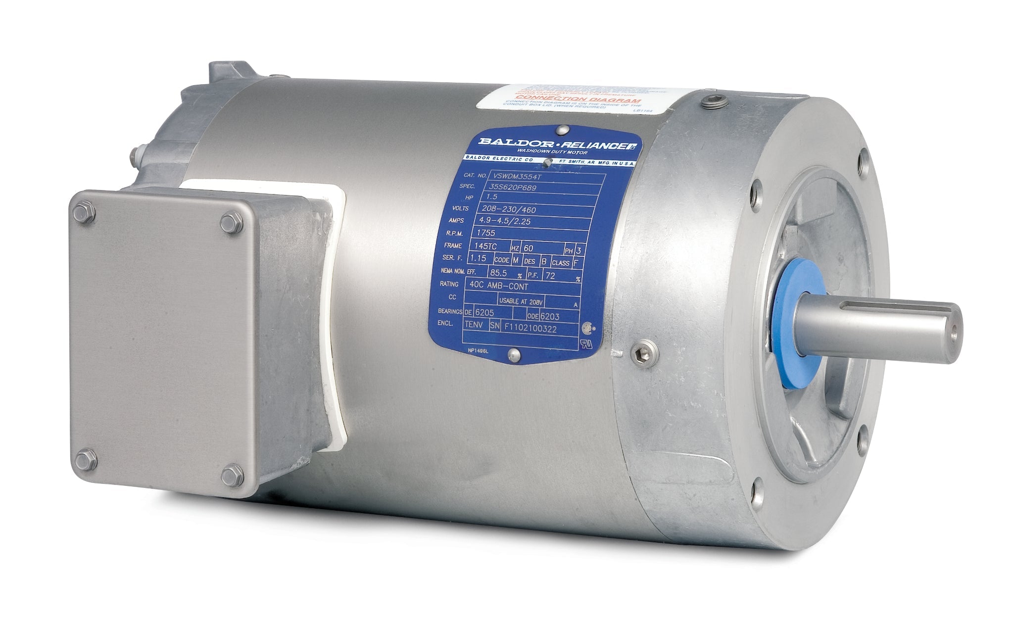 Baldor VSWDM3542 - .75HP, 1765RPM, 3PH, 60HZ, 56C, 3514M, TENV, F1 - Paint Free Motors