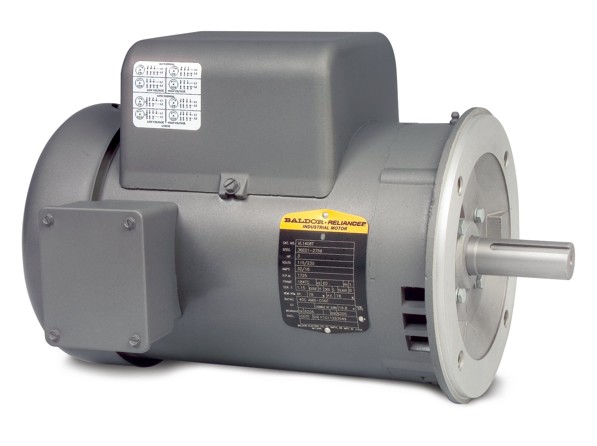 Baldor VL1406T - 3HP, 3450RPM, 1PH, 60HZ, 182TC, 3532LC, ODTF - Single Phase Open