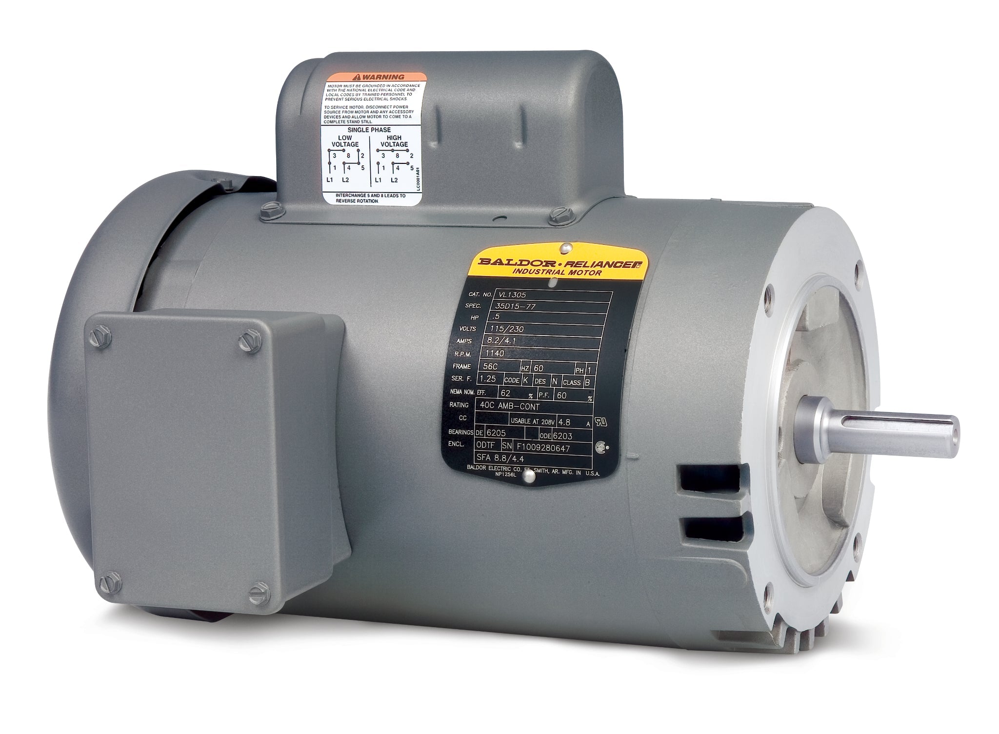 Baldor VL1321T - 1.5HP, 1730RPM, 1PH, 60HZ, 145TC, 3536L, OPEN - Single Phase Open