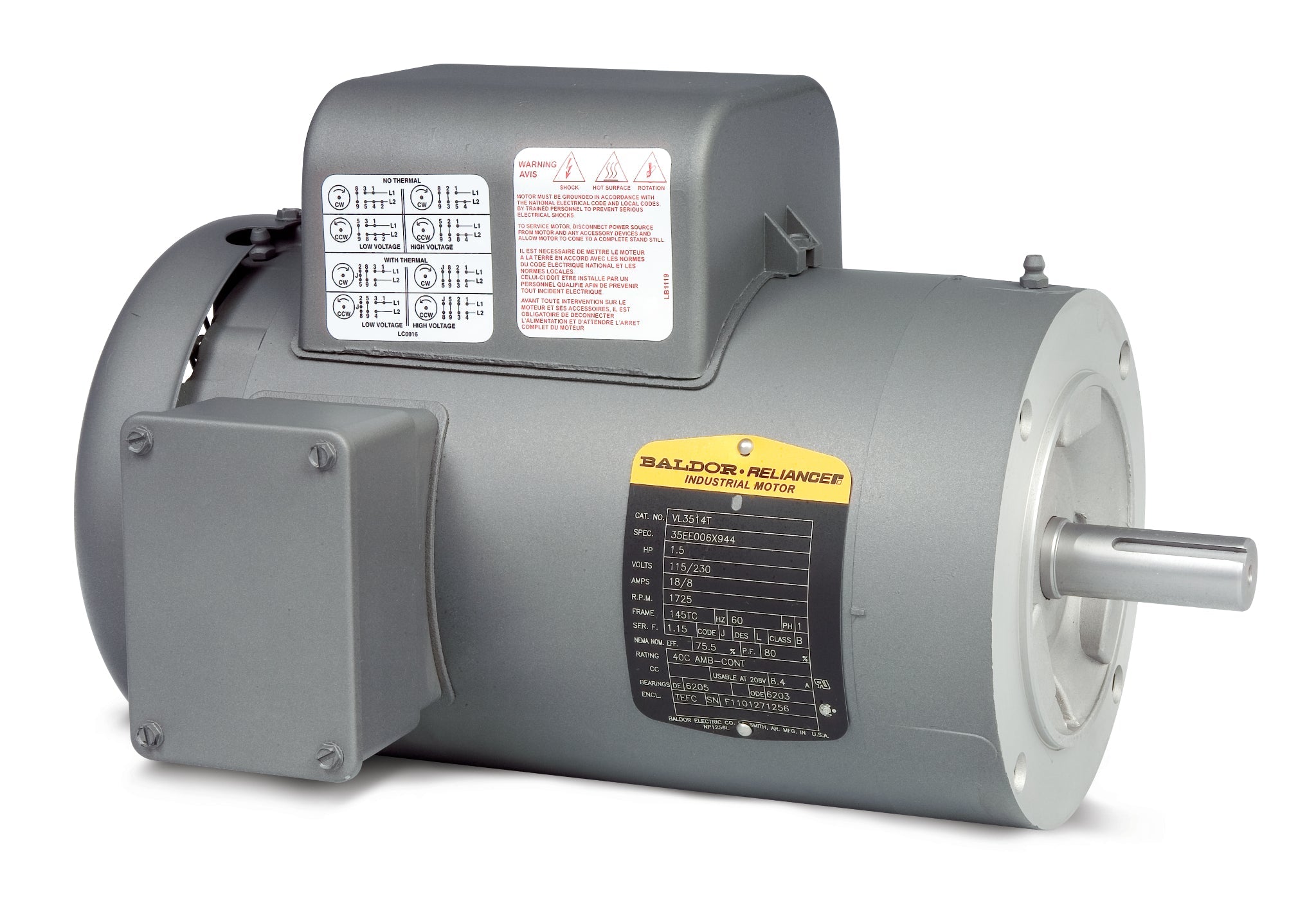 Baldor VL3507 - .75HP, 1725RPM, 1PH, 60HZ, 56C, 3428LC, TEFC, F - Single Phase Enclosed