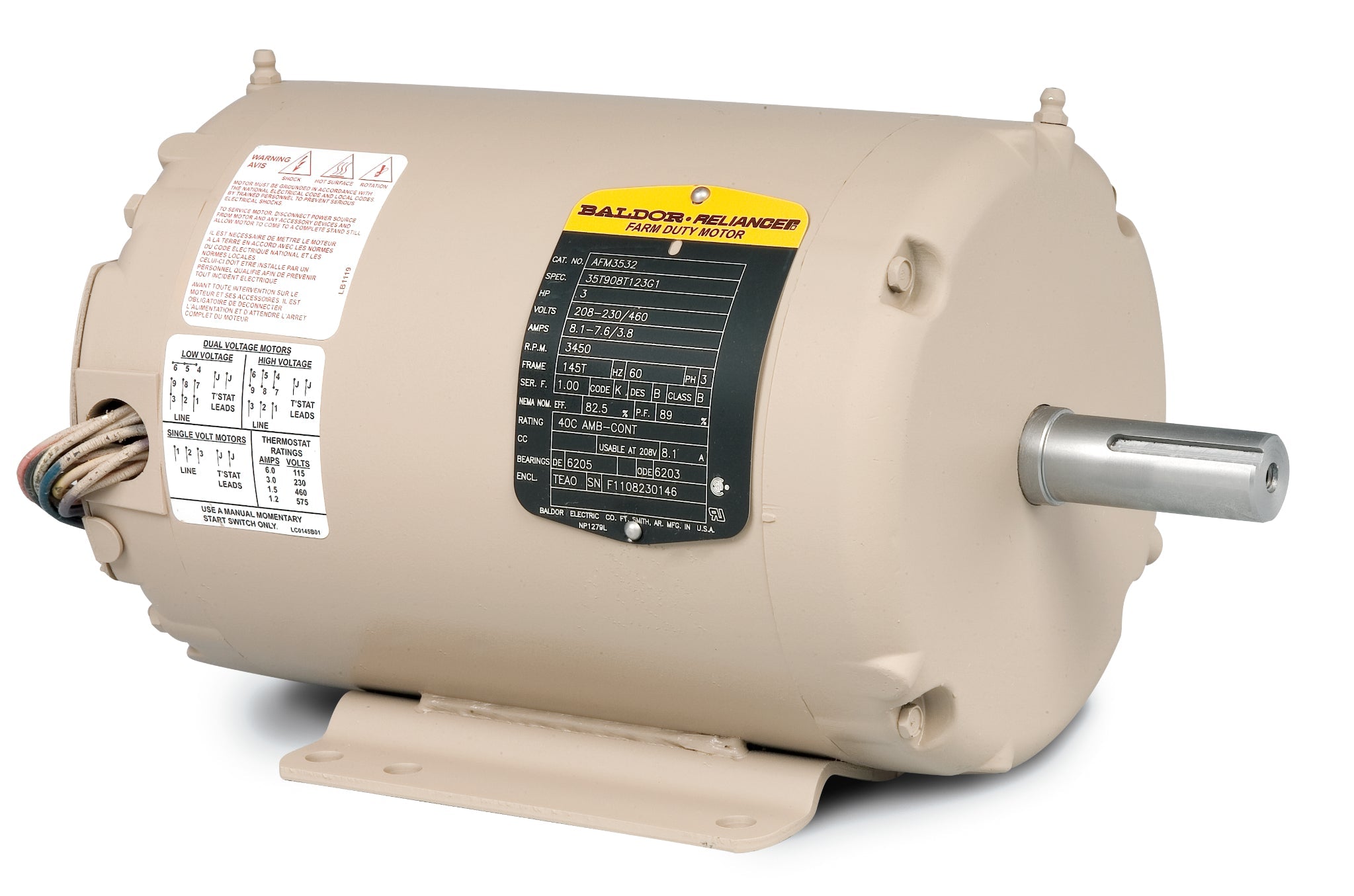 Baldor AFM3532 - 3HP, 3450RPM, 3PH, 60HZ, 145T, 3528M, TEAO, F1 - Application Specific Motors