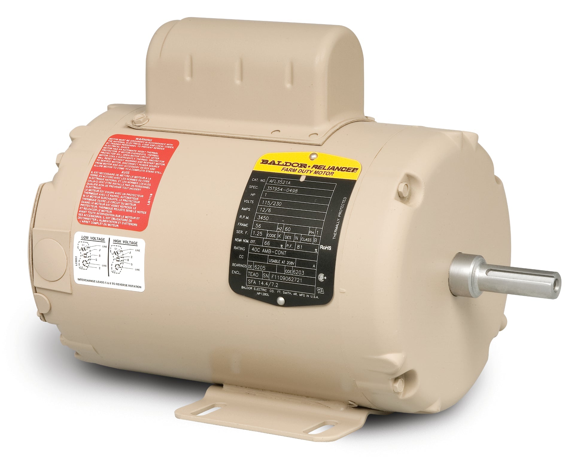 Baldor AFL3521A - 1HP, 3450RPM, 1PH, 60HZ, 56, 3524L, TEAO, F1 - Application Specific Motors