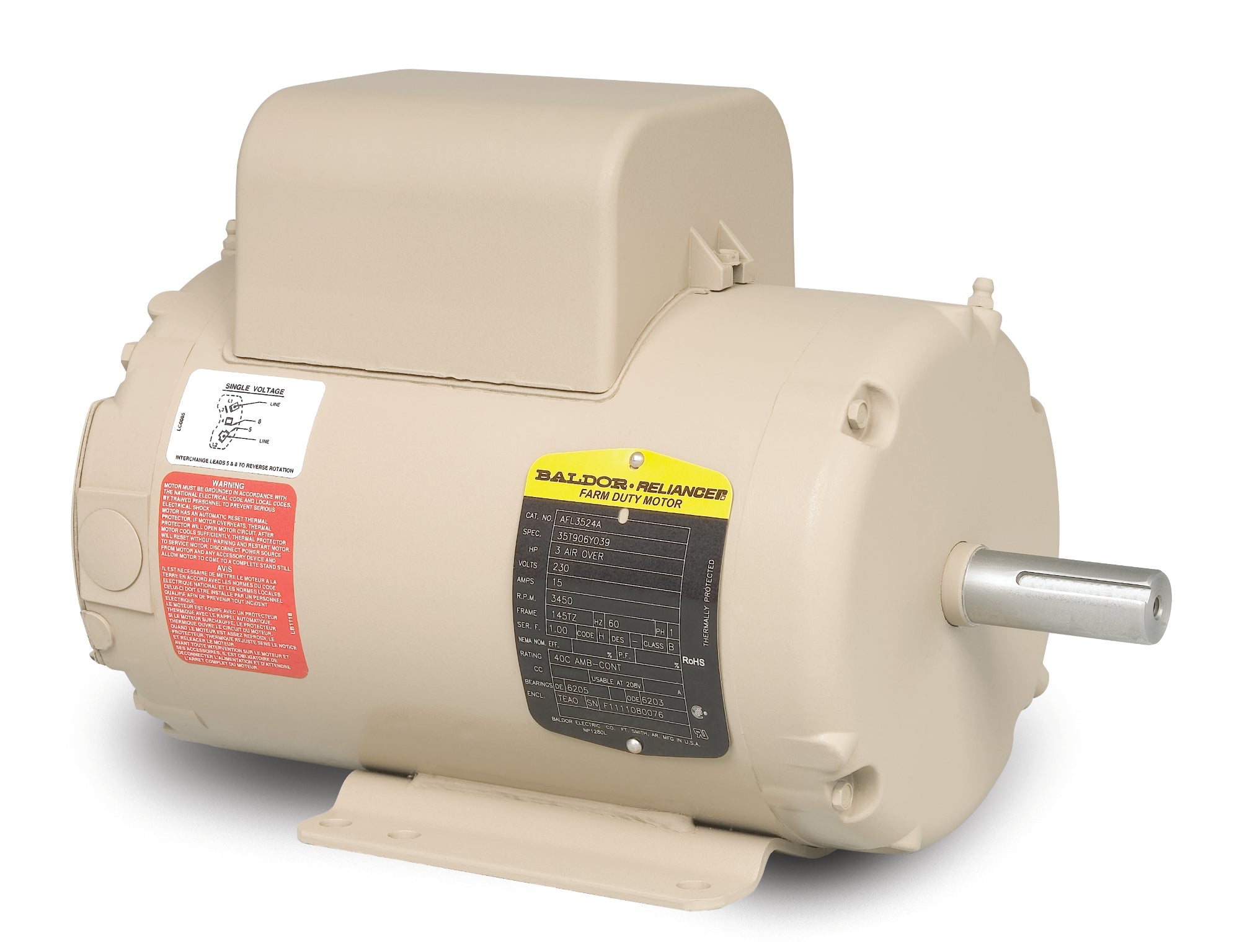 Baldor AFL3524A - 3HP, 3450RPM, 1PH, 60HZ, 145TZ, 3535LC, TEAO - Application Specific Motors