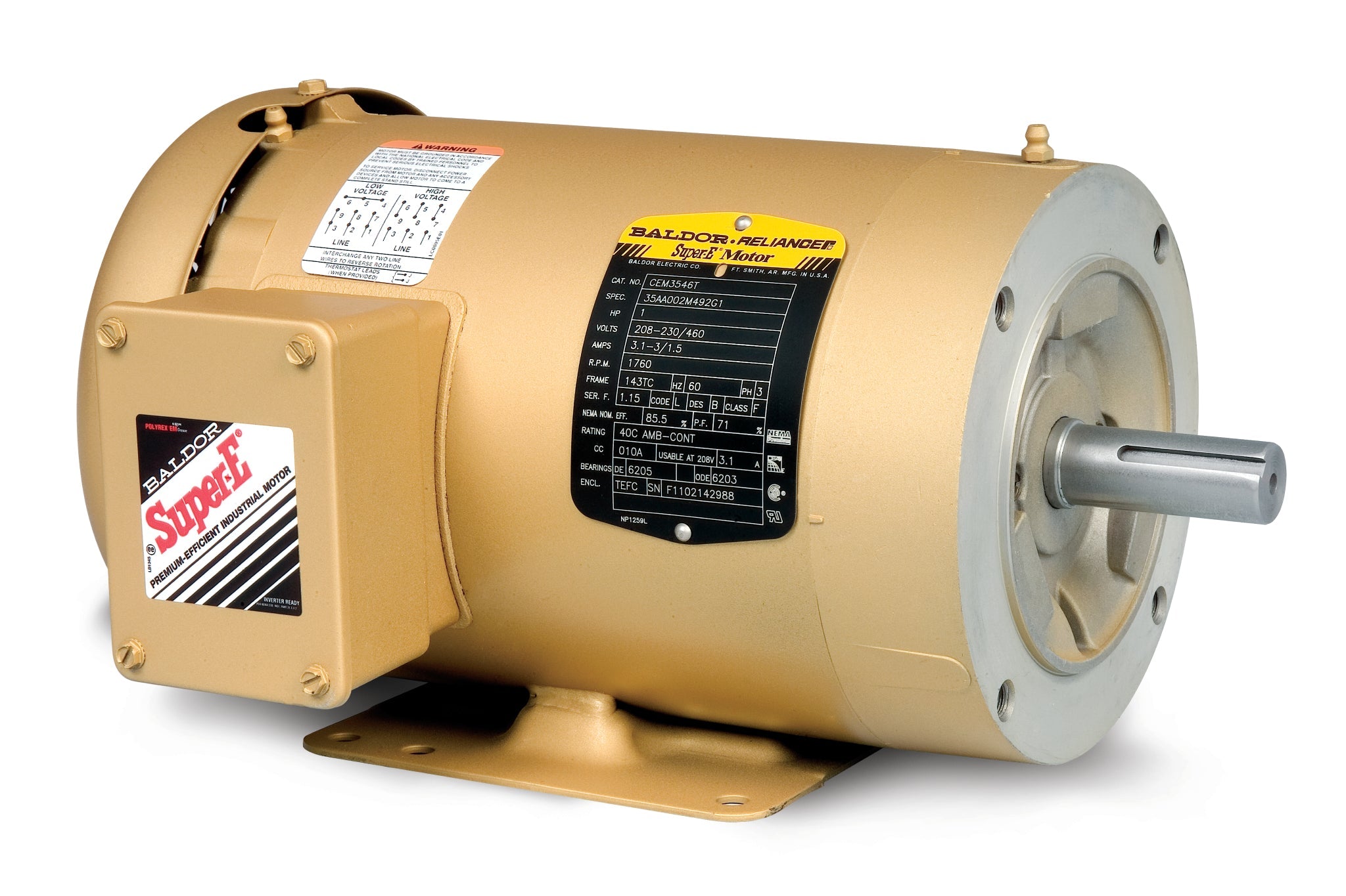 Baldor CEM3546T-BG - 1HP, 1760RPM, 3PH, 60HZ, 143TC, 3520M, TEFC, F1 - Super-E motor with Baldor-Reliance shaft grounding brush