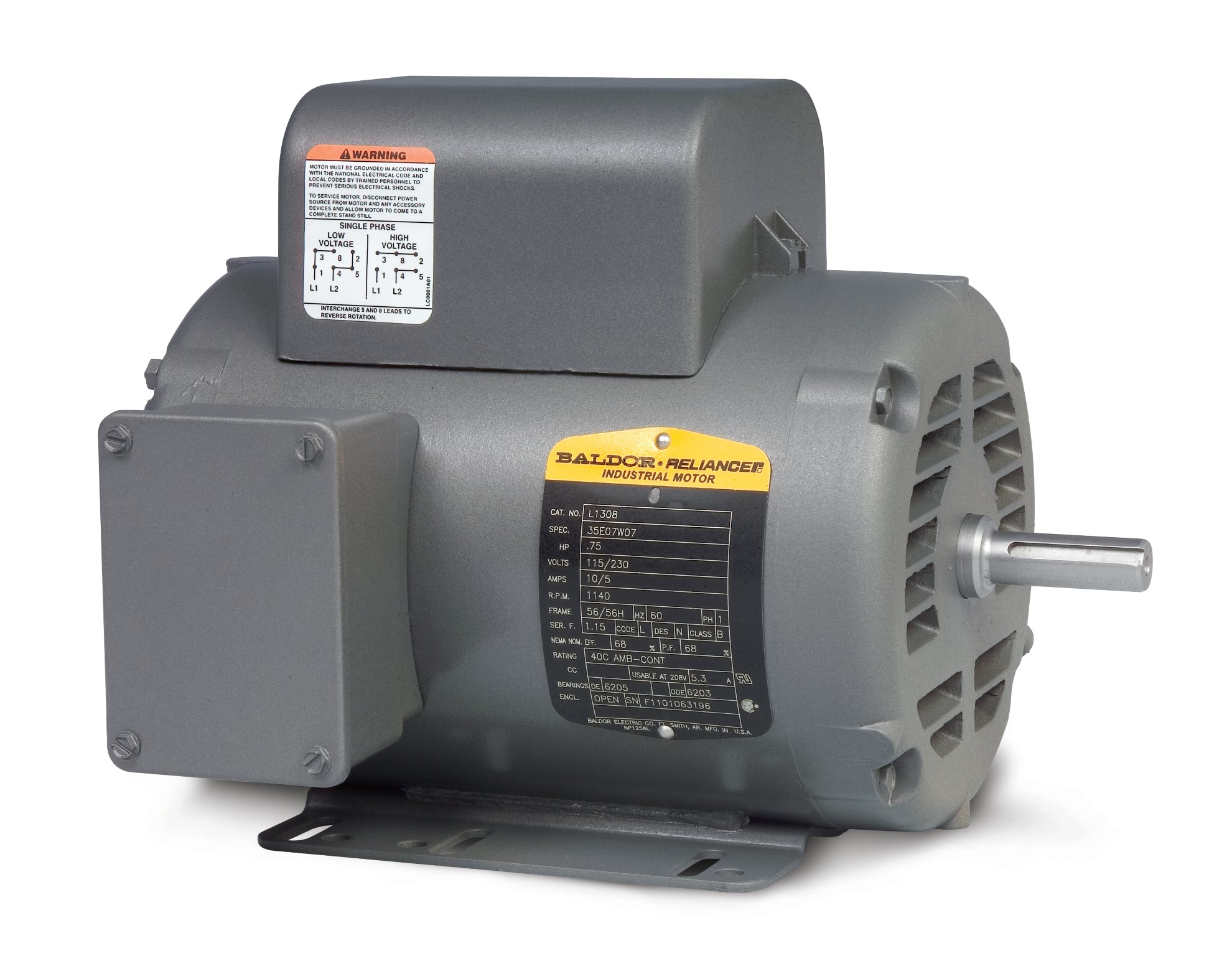 Baldor L1508T-50 - 5/3.7KW, 1450RPM, 1PH, 50HZ, 213T, 3740LC, OPS - Single Phase Open
