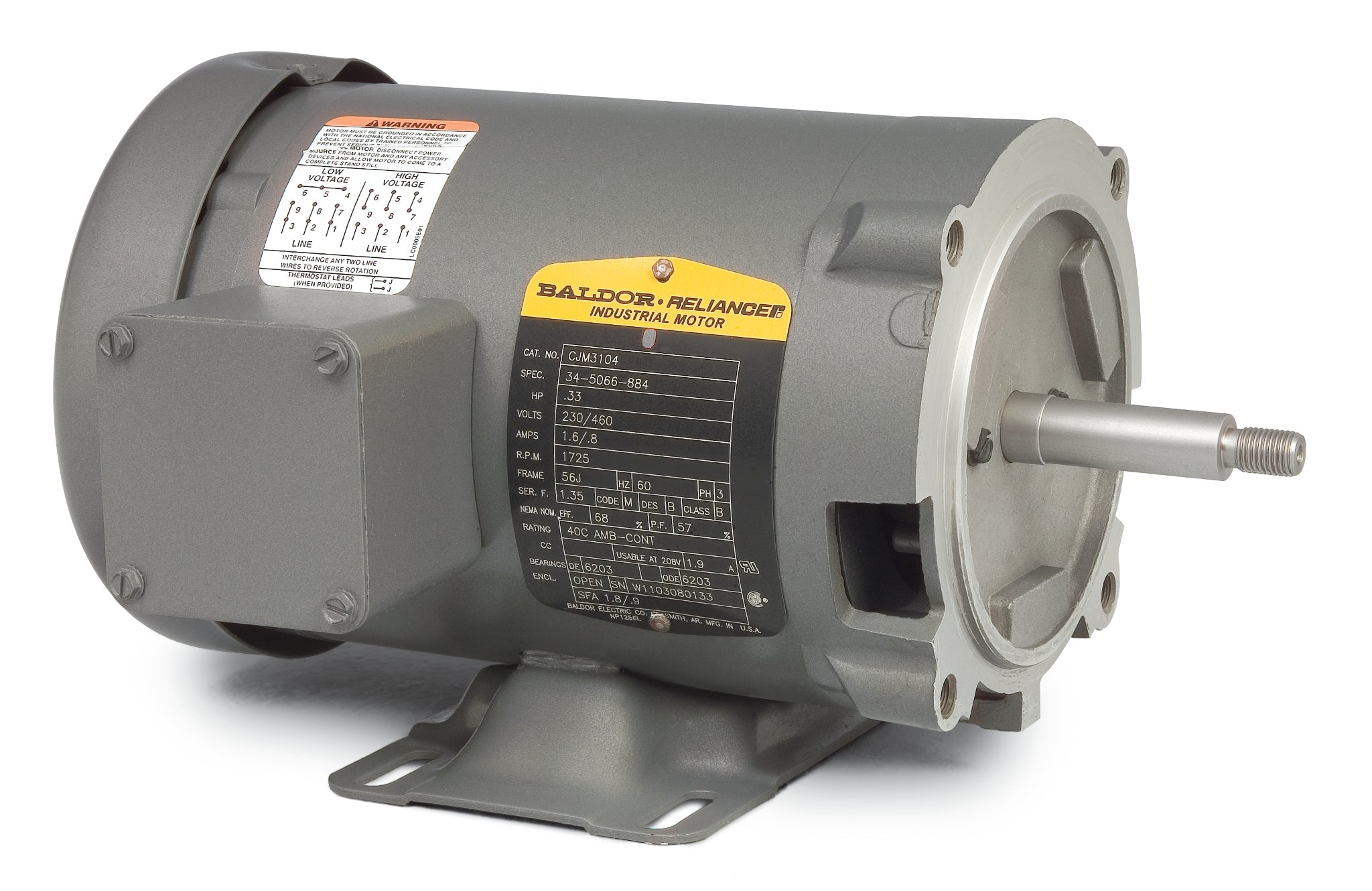 Baldor CJM3104 - .33HP, 1730RPM, 3PH, 60HZ, 56J, 3413M, OPEN, F1 - 56J Jet Pump Motors