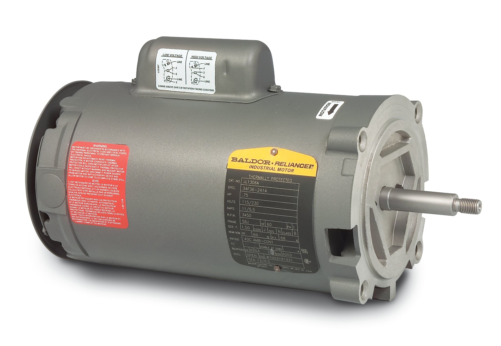 Baldor JL1205A - .33HP, 3450RPM, 1PH, 60HZ, 56J, 3416L, OPEN, F1 - 56J Jet Pump Motors