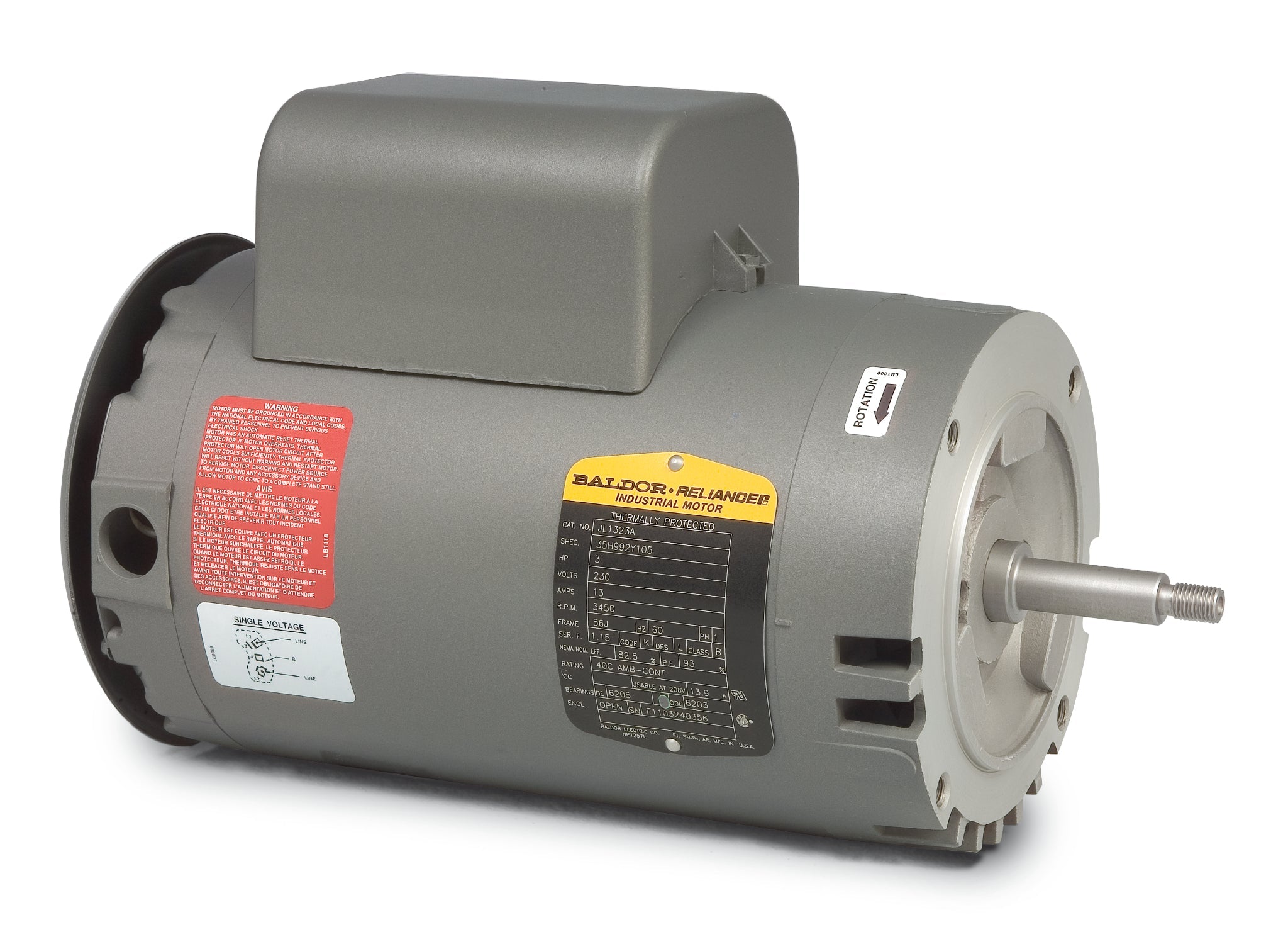 Baldor JL1323A - 3HP, 3450RPM, 1PH, 60HZ, 56J, 3535LC, OPEN, F1 - 56J Jet Pump Motors
