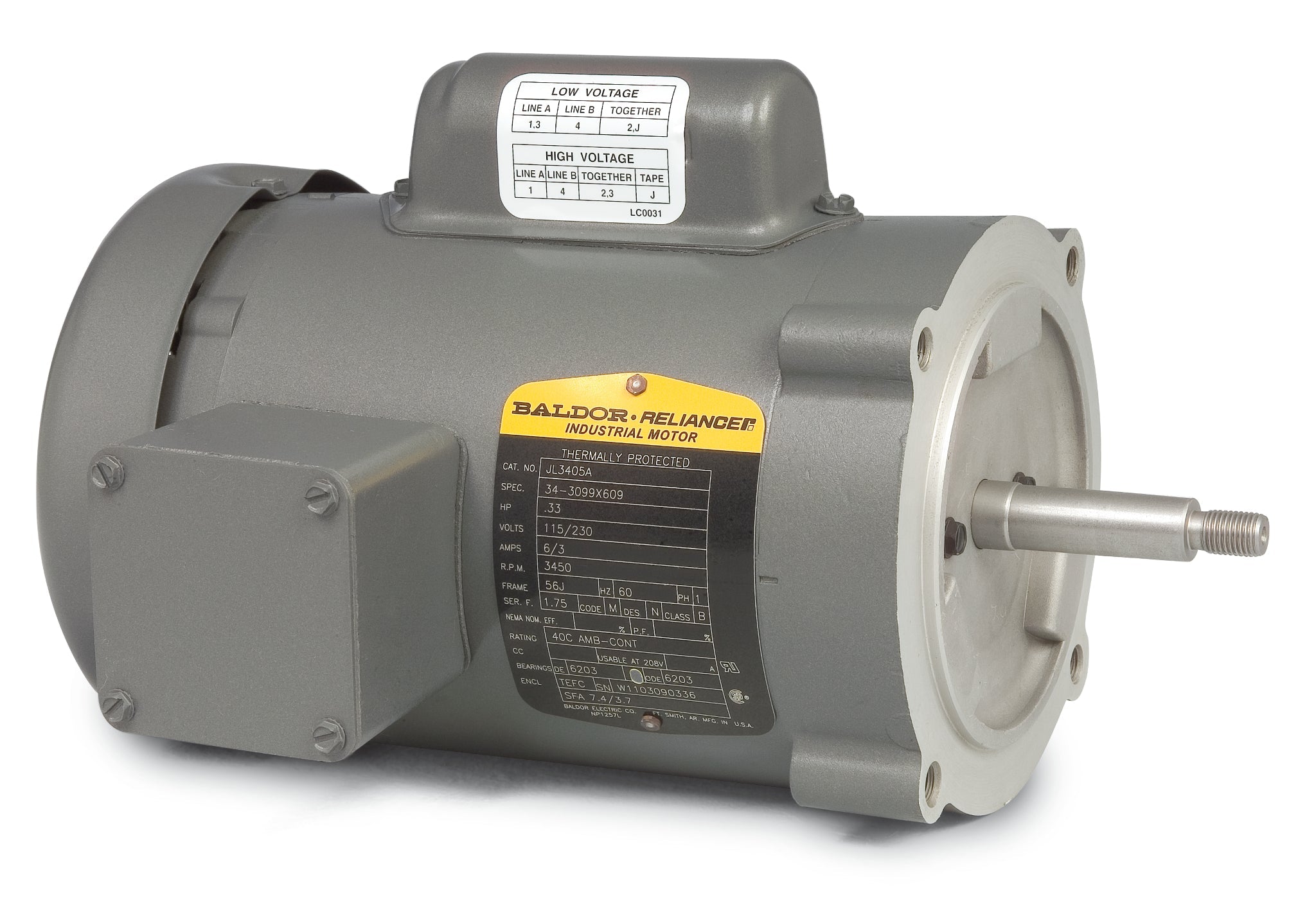 Baldor JL3405A - .33HP, 3450RPM, 1PH, 60HZ, 56J, 3416L, TEFC, F1 - 56J Jet Pump Motors