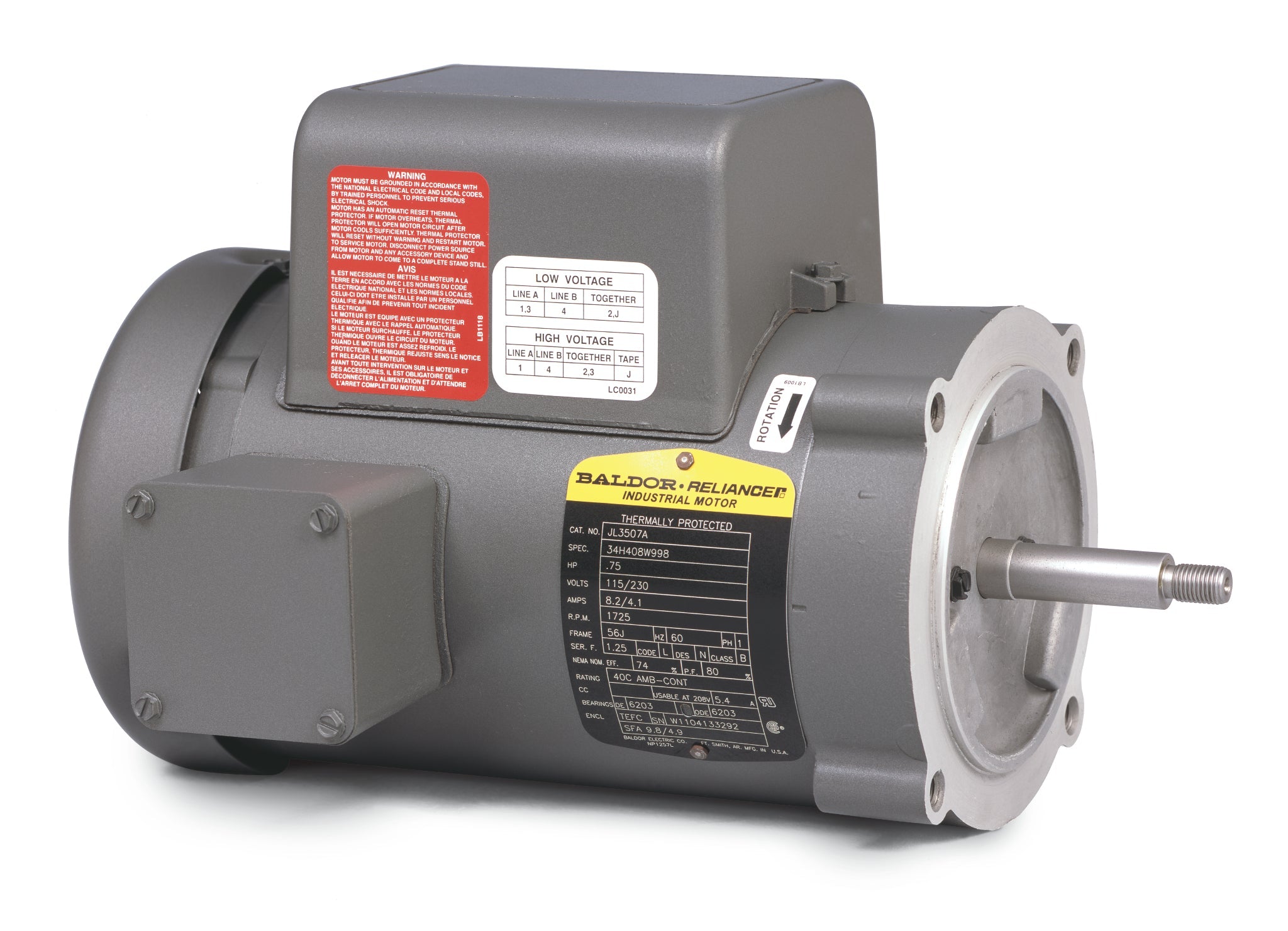 Baldor JL3516A - 2HP, 1730RPM, 1PH, 60HZ, 56J, 3536LC, TEFC, F1 - 56J Jet Pump Motors