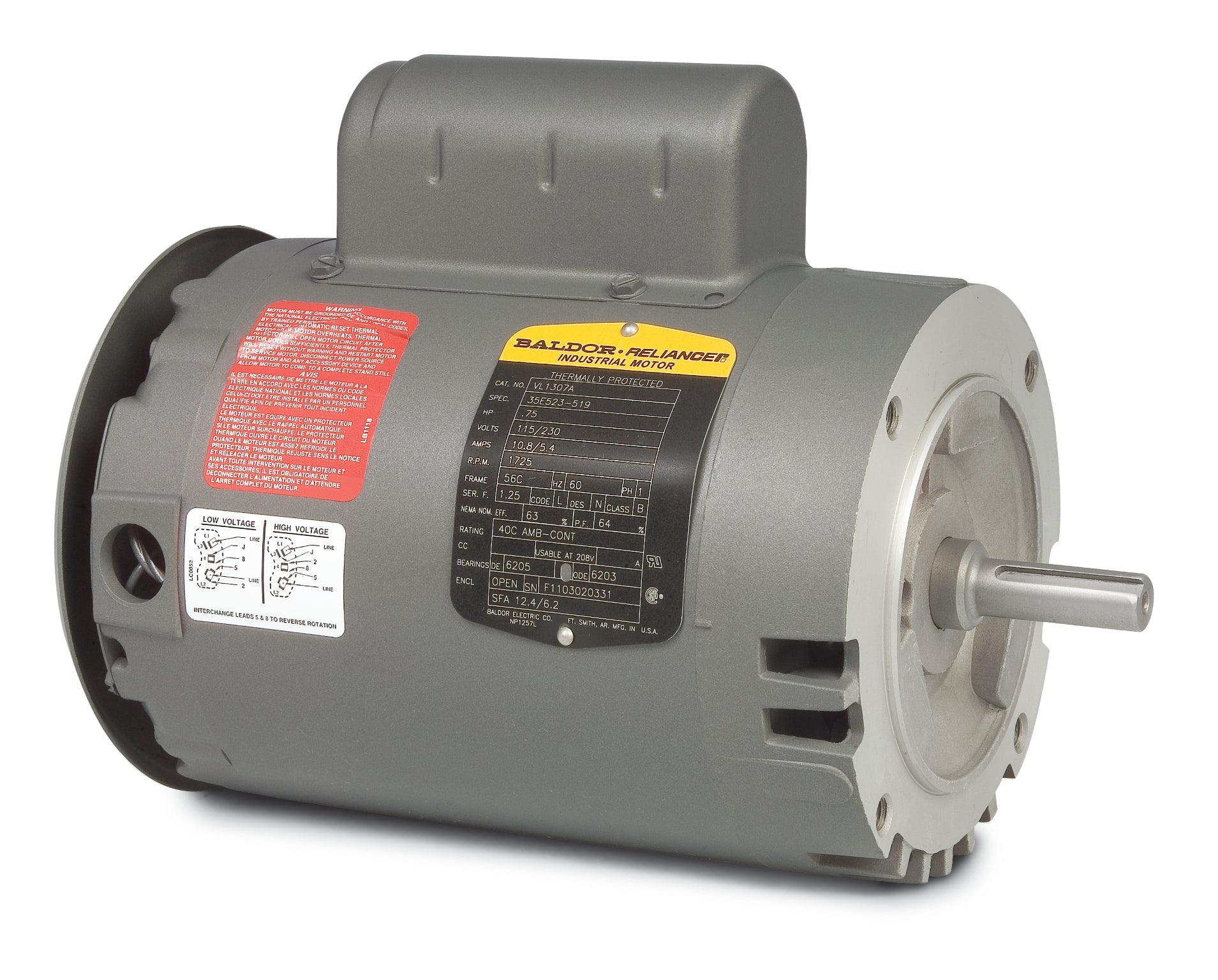 Baldor VL1309A - 1HP, 3450RPM, 1PH, 60HZ, 56C, 3428L, OPEN, F1 - 56J Jet Pump Motors