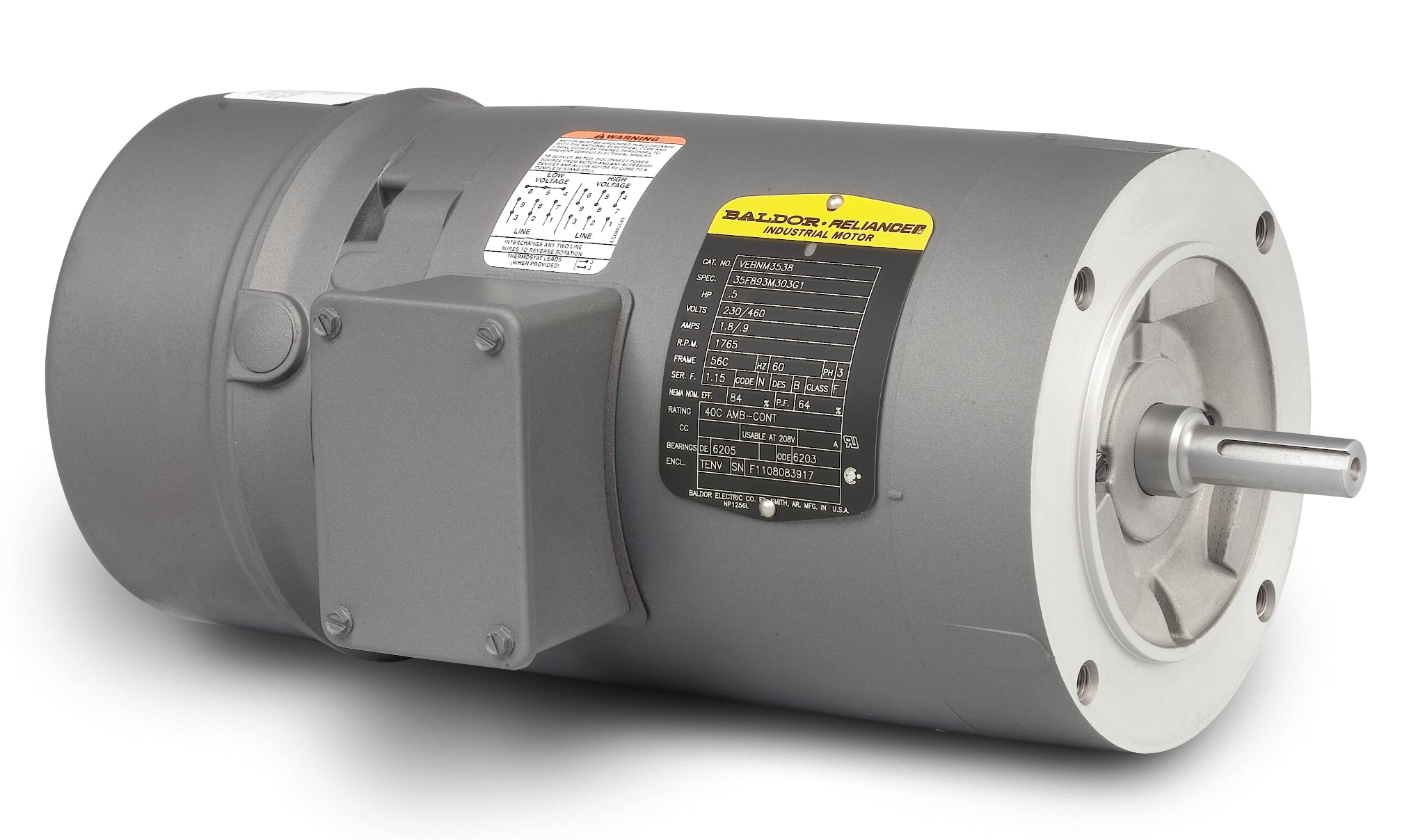 Baldor VEBNM3538 - .5HP, 1775RPM, 3PH, 60HZ, 56C, 3514M, TENV, F1 - Short-Series Brake Motors