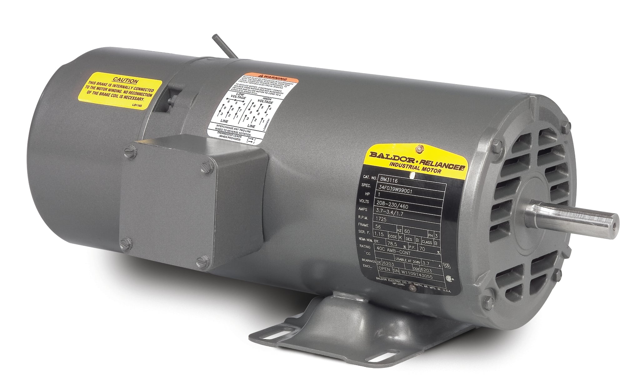 Baldor BM3116 - 1HP, 1725RPM, 3PH, 60HZ, 56, BRAKE, 3424M, OPEN - Short-Series Brake Motors