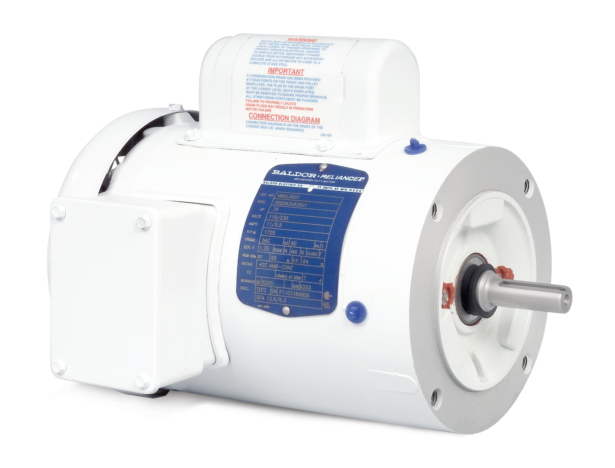 Baldor VWDL3504 - .5HP, 1740RPM, 1PH, 60HZ, 56C, 3520L, TEFC, F1 - White Washdown Motors