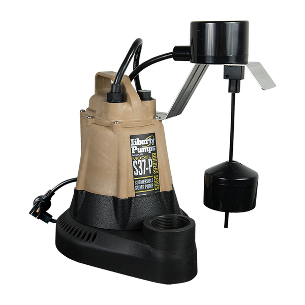 Liberty S37-P, Sump Pump with Piggyback Vertical Float Switch, 1/3 HP, 115 Volts, 1 Phase, 1-1/2" NPT Discharge, 45 GPM Max, 25 ft Max Head, 10 ft Cord