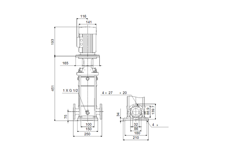 Grundfos 99069450 - CRN 3-5 K-FGJ-A-K-PQQK | Multistage | Centrifugal | Vertical | Inline